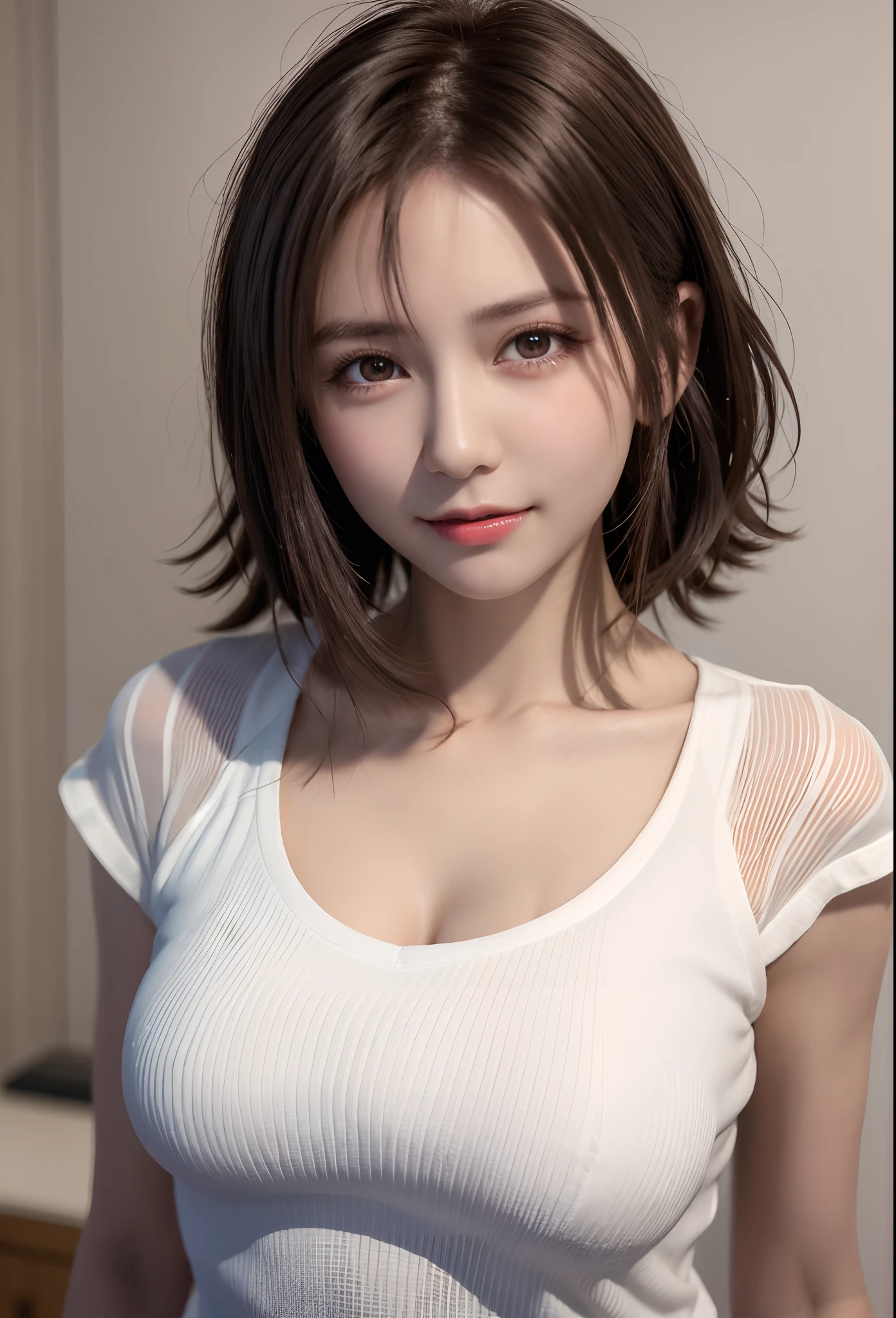 of the highest quality, Ultra High Resolution, (Photorealistic: 1.4), Beautiful eyes, Super beautiful, Short hair, Beautiful breasts, Lovers, T-shirt with rough chest, An eye that invites the viewer, Lover's Eyes, Invite facial expressions, Sexy smile, Perfect Style, Perfect ...