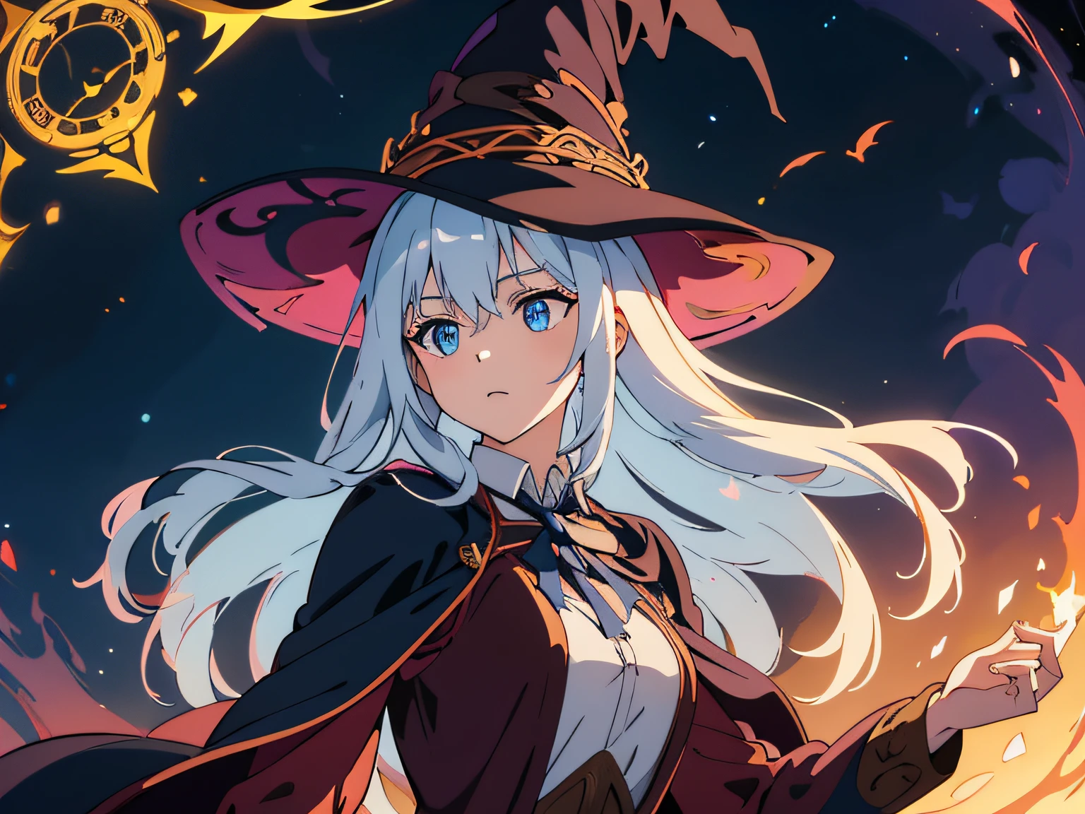 1 woman mage, calm look, beautiful eyes finely detailed, long blue hair gives off light amber light reflections, her clothes are blue in light and dark tones, with details in golden color, she wears a white shirt with fancy ornaments, (Masterpiece:1.2), (Best Quality), Detailed, UHD, Cinematic Lighting, sharp focus, (illustration:1.1), intricate, 8k CG, perfect artwork, (half body:0.6), detailed background, witch hat, witch, magical atmosphere, hair flowing in the wind, colorful glowing magic spell in the air, swirling portal, dark magic, (style-swirlmagic:0.8), floating particles, dark sinister forest background, updraft, backlighting,