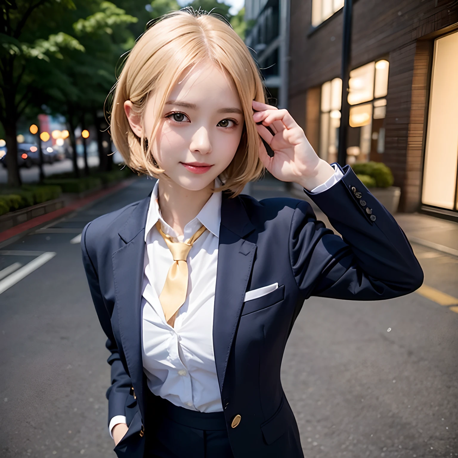 (masutepiece, Best Quality:1.2), 8K, Official art, Full body photo, full body Esbian、Emma fastening her tie.trouser、Cute smile、cute butt、Keep your bag cold、A dark-haired、14years、small tits、A delightful、A smile、unbelievable Ridiculous, (Upper body, Dark blue suit:Cute Tie 1.4), Beautiful Girl, Pretty Face, arching back down, cute butt、Gold hair ornament on hair、Wearing a cute suit、Decide on a pose、raise two hands、close up, Wearing a suit, Short sleeve, gardenia, violaceaess, Teen, Street, Looking at Viewer, Film grain, chromatic abberation, Sharp Focus, face lights, Dynamic lighting, Cinematic lighting, Eyes and faces with detailed, Bokeh background, (Tie with Emma written on it、1 copy:1.2)