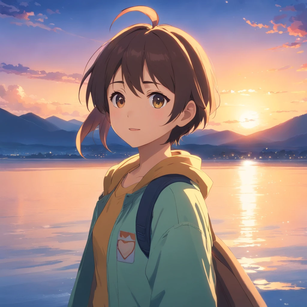 tmasterpiece、best qualtiy，Engaging movie stills，1 boy floating in the sky，There are wolf ears，Yellow raincoat，Sky blue flute，Happy expression，Fantastical colors，Furry appearance，close up shoot，brightly、cheerfulness、Warm and soft lighting，Full of romantic sunsets，Sparks fly