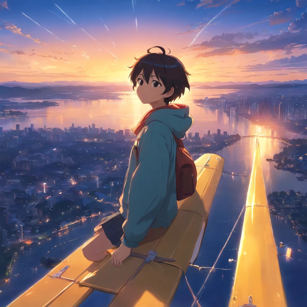 tmasterpiece、best qualtiy,Engaging movie stills,1 boy floating in the sky,There are wolf ears,Yellow raincoat,Sky blue flute,Happy expression,Fantastical colors,Furry appearance,close up shoot,brightly、cheerfulness、Warm and soft lighting,Full of romantic sunsets,Sparks fly