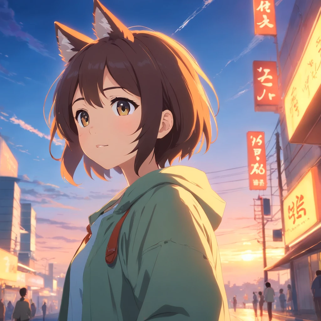 tmasterpiece、best qualtiy,Engaging movie stills,1 boy floating in the sky,There are wolf ears,Yellow raincoat,Sky blue flute,Happy expression,Fantastical colors,Furry appearance,close up shoot,brightly、cheerfulness、Warm and soft lighting,Full of romantic sunsets,Sparks fly