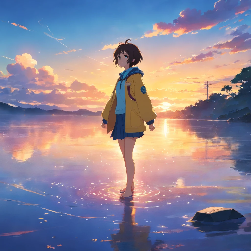 tmasterpiece、best qualtiy，Engaging movie stills，1 boy floating in the sky，There are wolf ears，Yellow raincoat，Sky blue flute，Happy expression，Fantastical colors，Furry appearance，close up shoot，brightly、cheerfulness、Warm and soft lighting，Full of romantic sunsets，Sparks fly