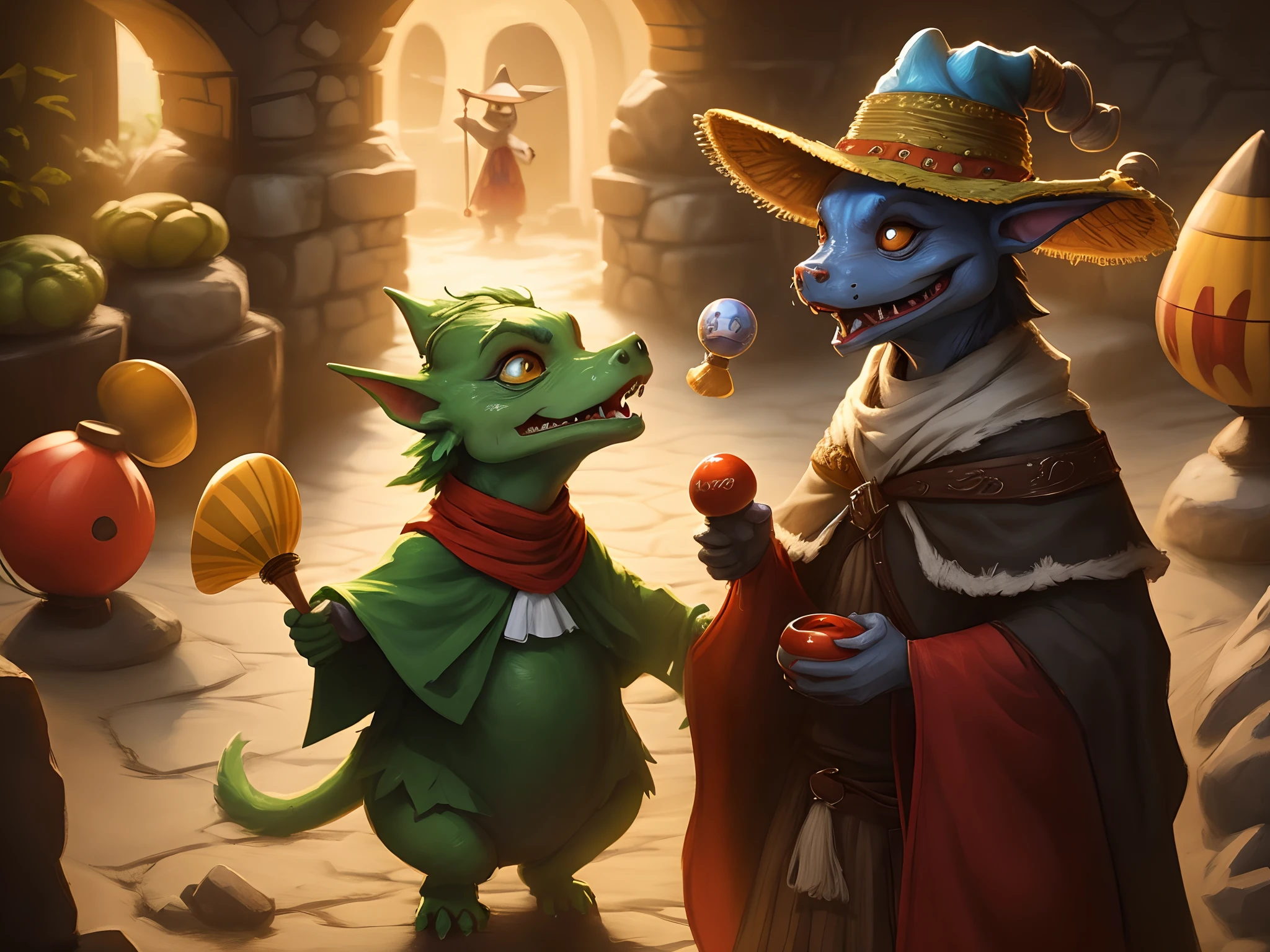 A kobold from dungeons and dragons wearing a sombrero and a poncho playing the maracas
