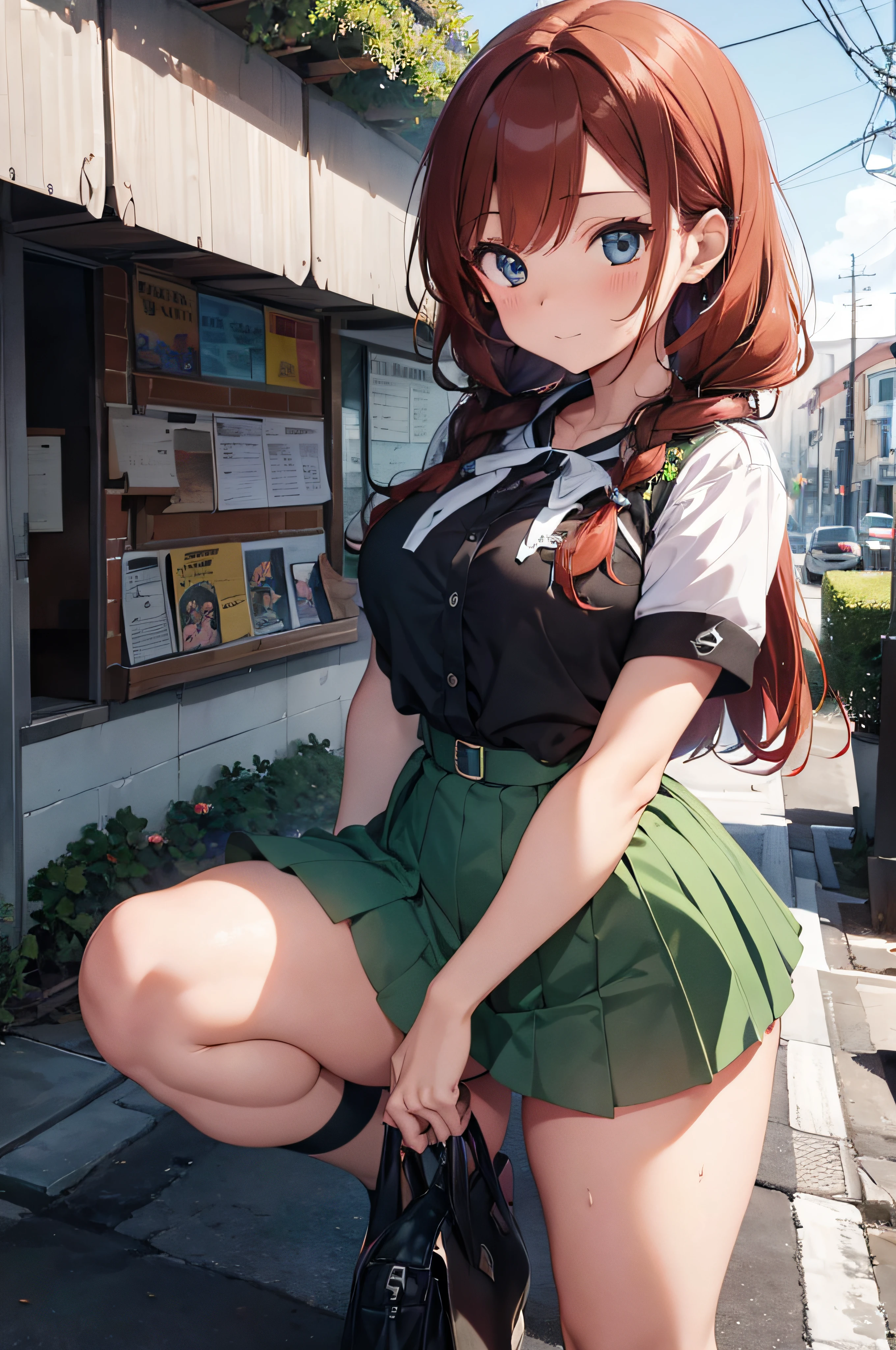 ruiva, quadril largo , olhos verdes, Ultra resolution, sexy , mini saia , olhando para o lado, large braids, mostrando calsinha, anime illustration, oi-escola