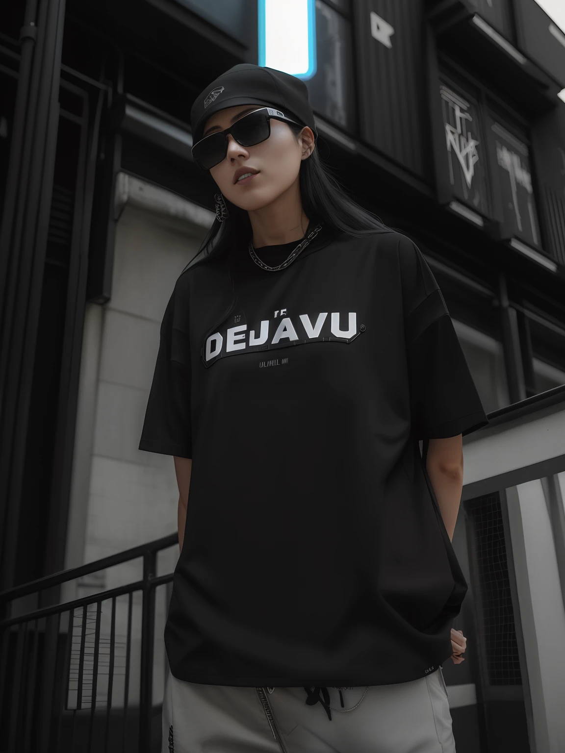 Alafeld woman in a black shirt and black hat, outlive streetwear collection, deiv calviz, Black inverse wave, wearing cyberpunk streetwear, author:David Diao, casual streetwear, japanese streetwear, trending on r/Street attire, sly, Dark inverse, fashwave, Woman in streetwear, wearing a black t-shirt, detailed outfits
