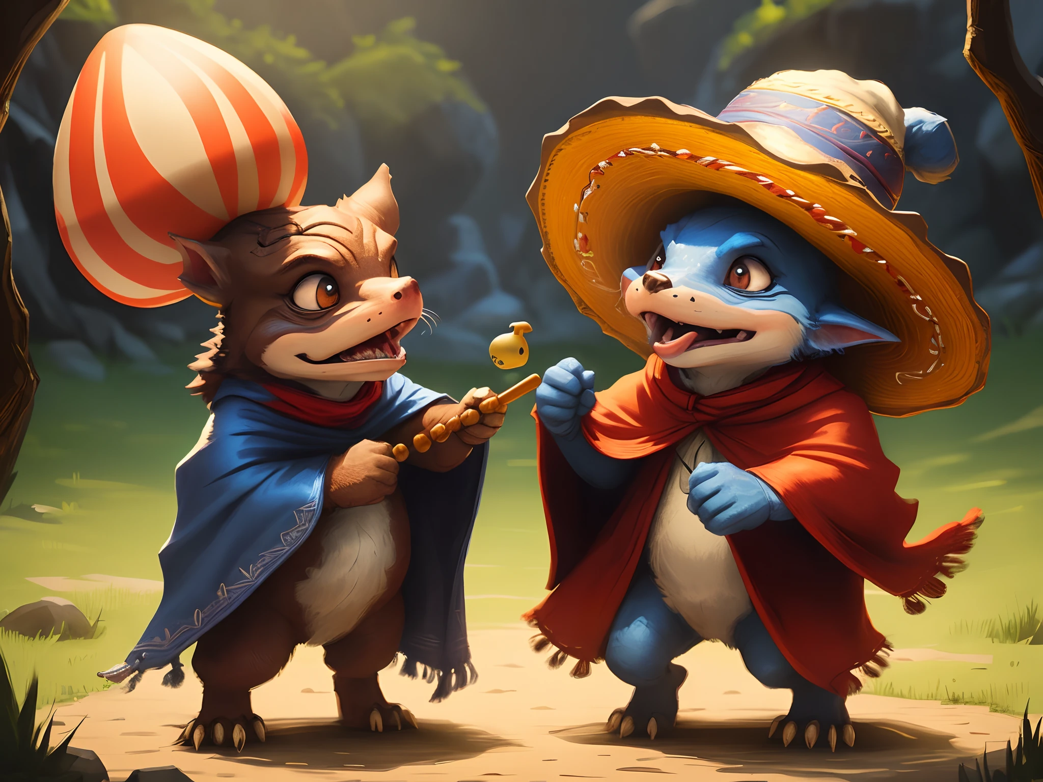 A kobold from dungeons and dragons wearing a sombrero and a poncho playing the maracas