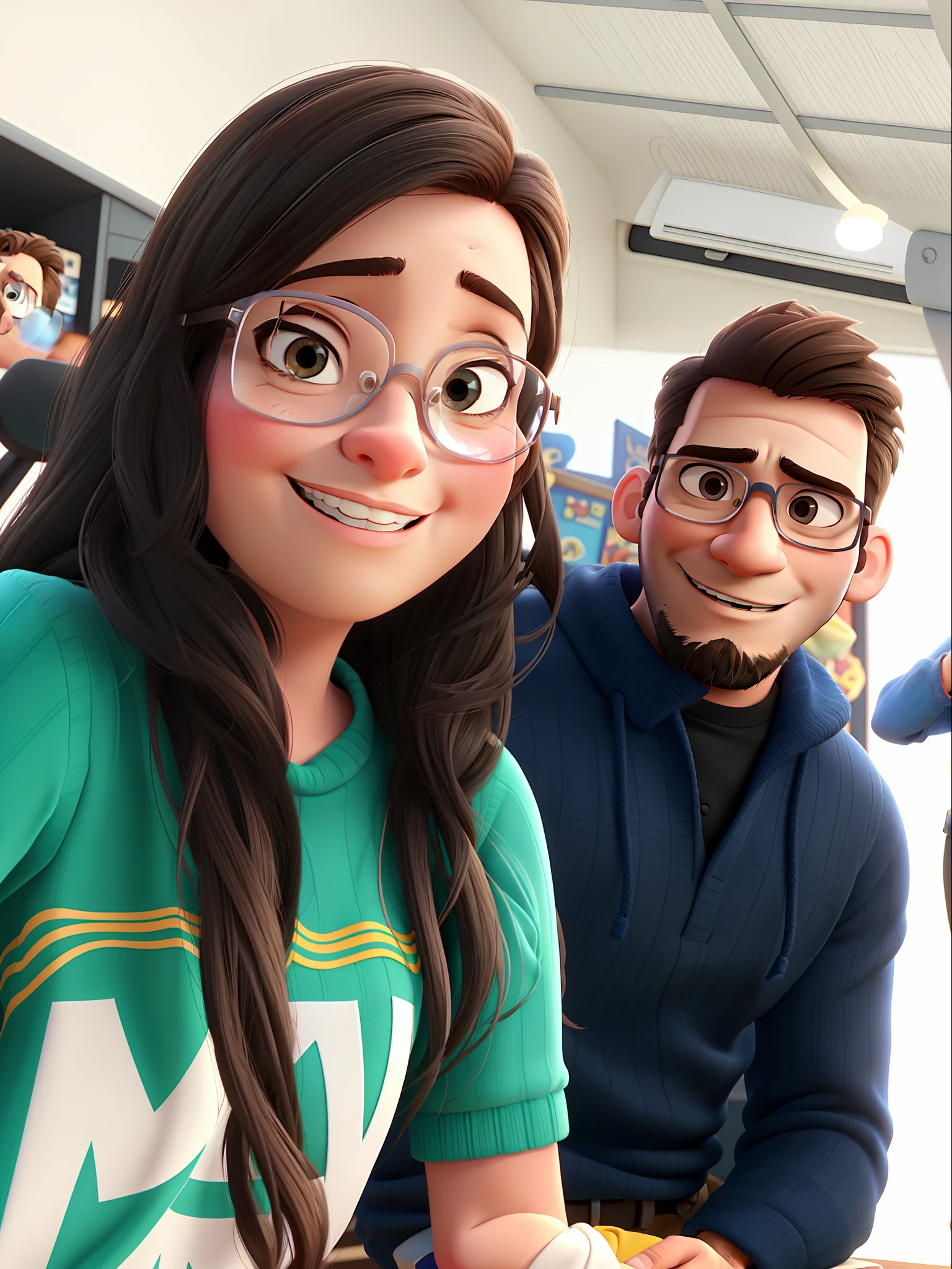 Disney pixar style couple, woman with glasses, and man with a short beard, high quality, best quality