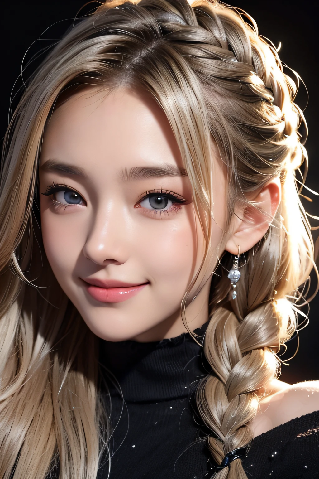 Anime, Face, Braided curly blonde hair, Black eyes, Long hair, brack&Silver off-the-shoulder、Black background, facial close-up、masterpiece、top-quality、ultra-definition、hight resolution、With smiling eyes、facial close-up,