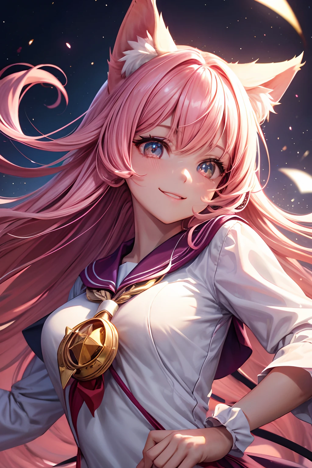 Top quality, high resolution, perfect human structure, figure focus, front view, glowing hair, glowing eyes, cat ears, pink hair, long, sailor suit, surrounded by jewels, overall angles, happy smiling gradient eyes, swept bangs,