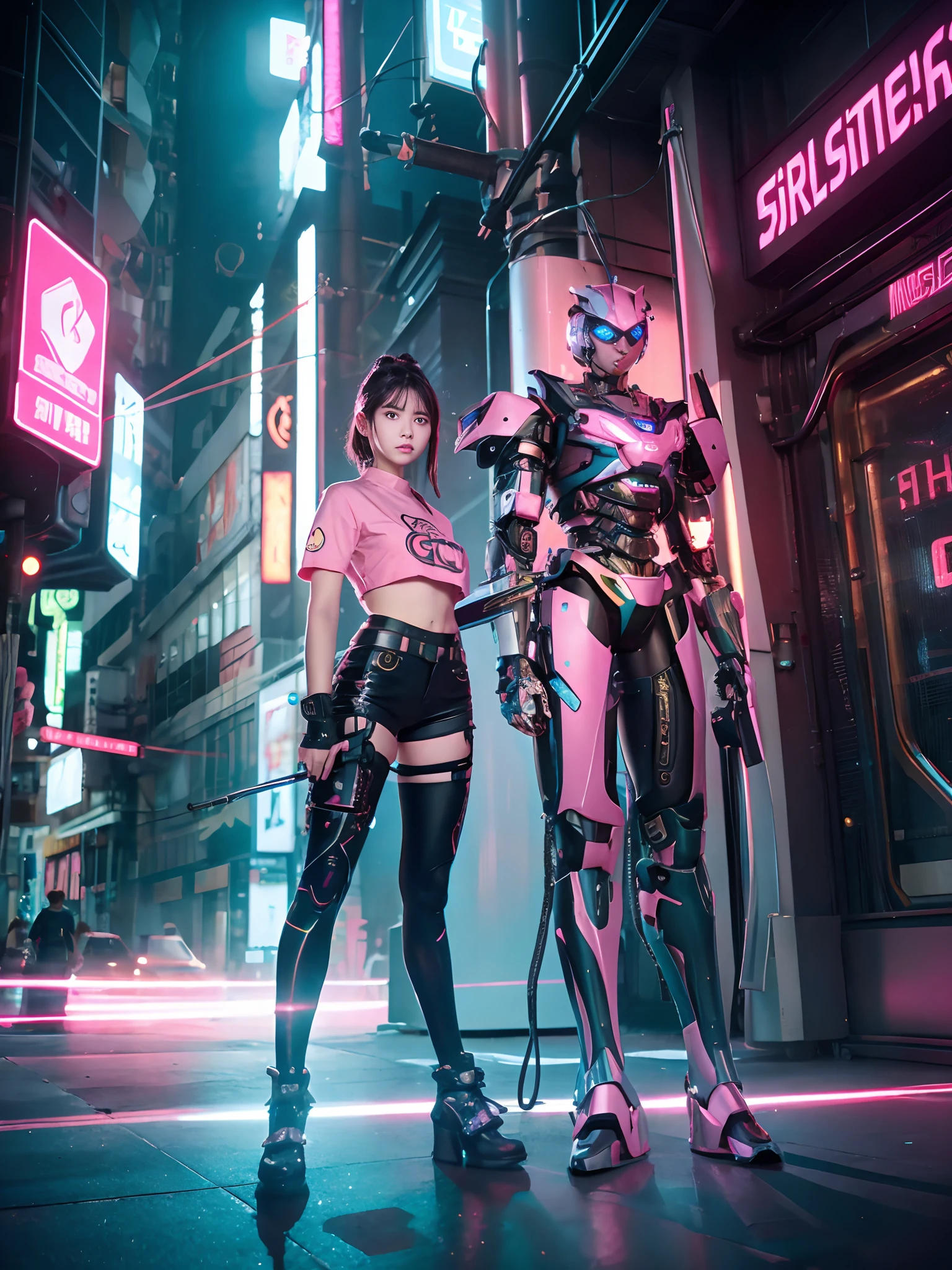 boutique,Best Quality,Gold Jewelry,(slipping off the feet),Fairy skin,(fidelity :1.2),The reality of,High quality,Movie Light,Ray Tracking,Ultra HD,Beautiful full-body image, A girl in shorts and a pink shirt is standing next to a giant robot, Artwork in the style of Gwise, Cyberpunk Mecha, trend in cgstation, guweiz, Russell Dongjun Lu, Digital Cyberpunk Anime Art, ross tran 8 k, guweiz on artstation pixiv, girl in mecha network armor