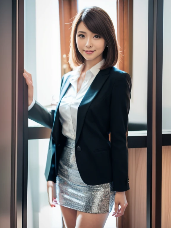 There is a woman in a short skirt and a black jacket, Girl in suit, Girl in a suit, Woman in business suit, Woman in black business suit, wearing a business suit, wearing black business suit, Wearing a business suit, Black business suit, Business Suit, lawyer suit, Wearing a strict business suit, close-up professional portrait, businesswoman, wears a suit