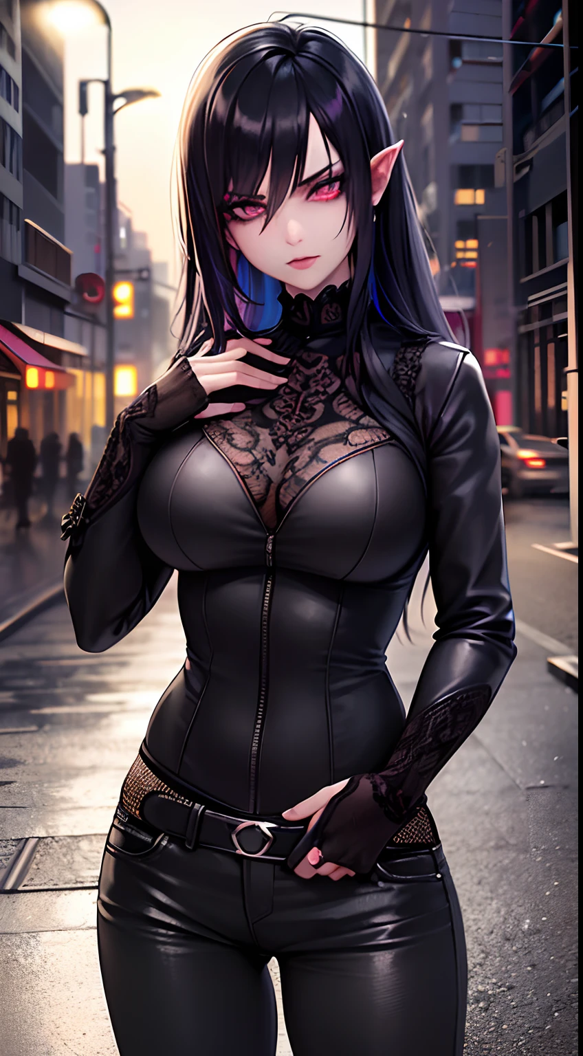 Night time,(Masterpiece), Best Quality, ultra-detailed, 1girl (rinko_iori, Slender and sexy body, huge breasts, wide hips, dark blue hair, long wave hair, blue eyes, half-closed eyes), evil face, smirk ,parted lips, mascara, full makeup, red lipstick, hookerchic, facing viewer, looking at viewer, solo, black latex jacket, short jacket, purple lace bra, navel, black skirt, tight skirt, micro mini skirt, purple lace panties, fishnets, outdoor, street, neon sign, standing, sexy waist teasing, ,