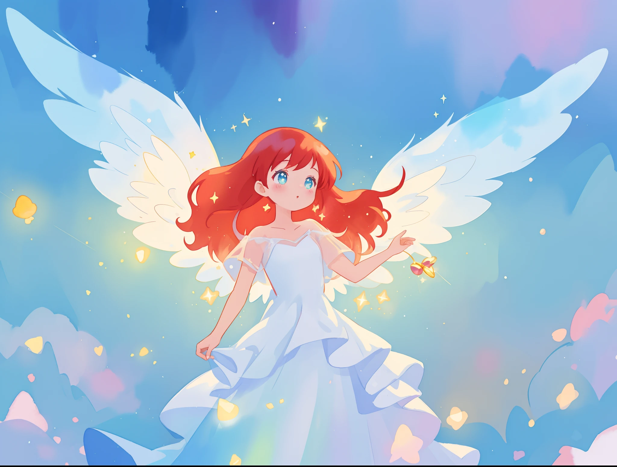 beautiful angel girl in sparkling white dress, layered sheer sparkling dress, (huge sparkling angel wings), glowing layered white ballgown, long red hair, watercolor illustration, disney art style, glowing aura around her, glowing lights, beautiful digital illustration, fantasia colorful background, beautiful, masterpiece, best quality, anime disney style, whimsical, magical, ethereal, angelic, cinematic lighting