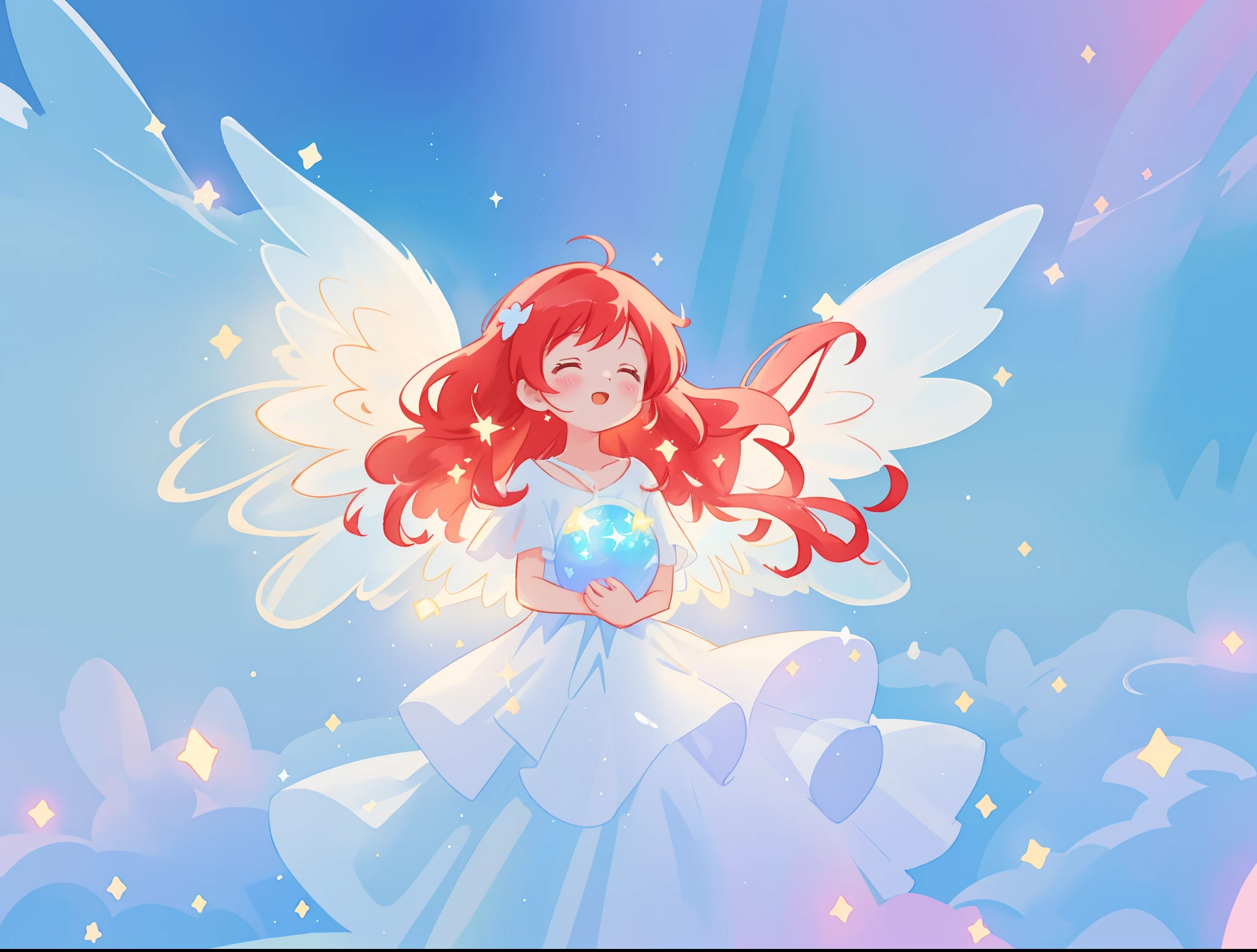 beautiful angel girl in sparkling white dress, layered sheer sparkling dress, (huge sparkling angel wings), glowing layered white ballgown, long red hair, watercolor illustration, disney art style, glowing aura around her, glowing lights, beautiful digital illustration, fantasia colorful background, beautiful, masterpiece, best quality, anime disney style, whimsical, magical, ethereal, angelic, cinematic lighting