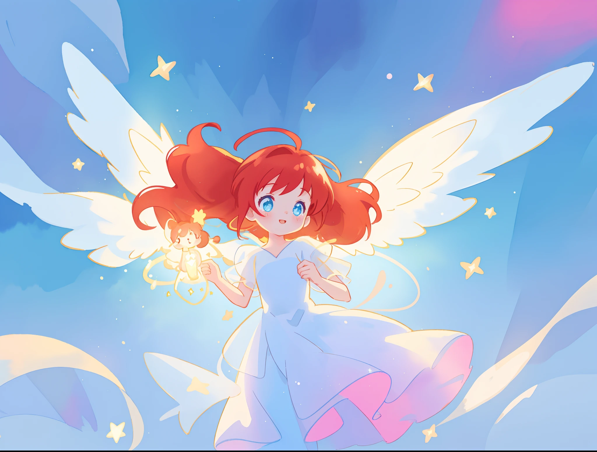 beautiful angel girl in sparkling white dress, layered sheer sparkling dress, (huge sparkling angel wings), glowing layered white ballgown, long red hair, watercolor illustration, disney art style, glowing aura around her, glowing lights, beautiful digital illustration, fantasia colorful background, beautiful, masterpiece, best quality, anime disney style, whimsical, magical, ethereal, angelic, cinematic lighting