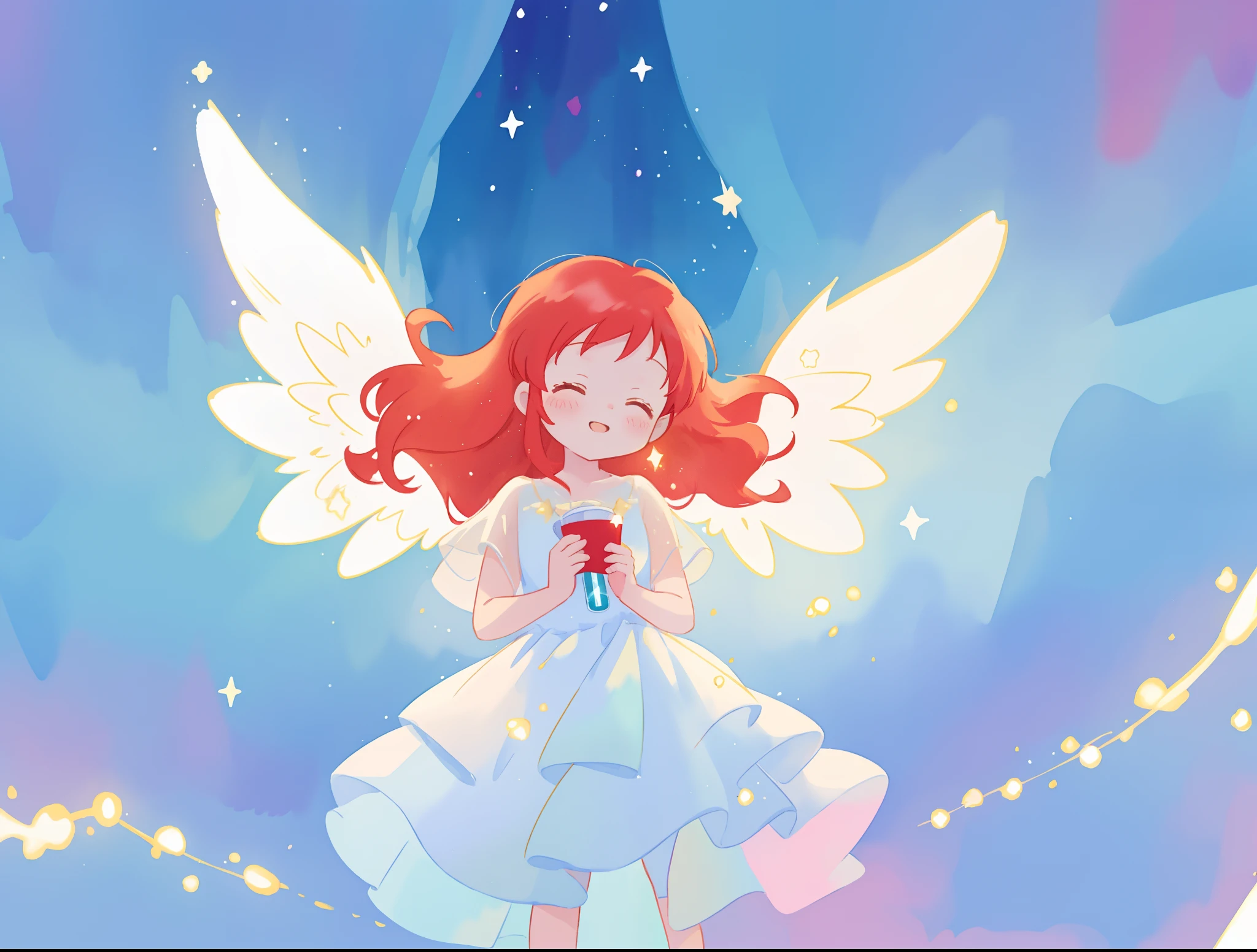beautiful angel girl in sparkling white dress, layered sheer sparkling dress, (huge sparkling angel wings), glowing layered white ballgown, long red hair, watercolor illustration, disney art style, glowing aura around her, glowing lights, beautiful digital illustration, fantasia colorful background, beautiful, masterpiece, best quality, anime disney style, whimsical, magical, ethereal, angelic, cinematic lighting