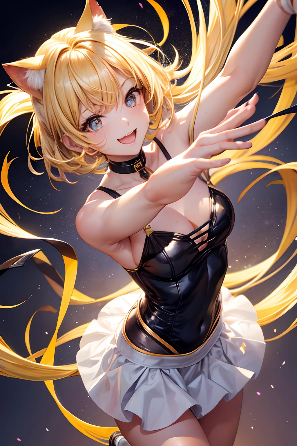 Top quality, high resolution, perfect human anatomy, background focus, front view, shiny hair, cat ears, blonde hair, short cut, running, happy laugh, rhythmic gymnastics, gradient eyes, swept bangs,