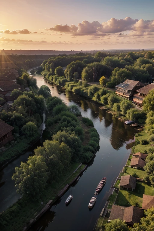 valley in a sunset, wooden houses, rivers, trees, few people in the streets