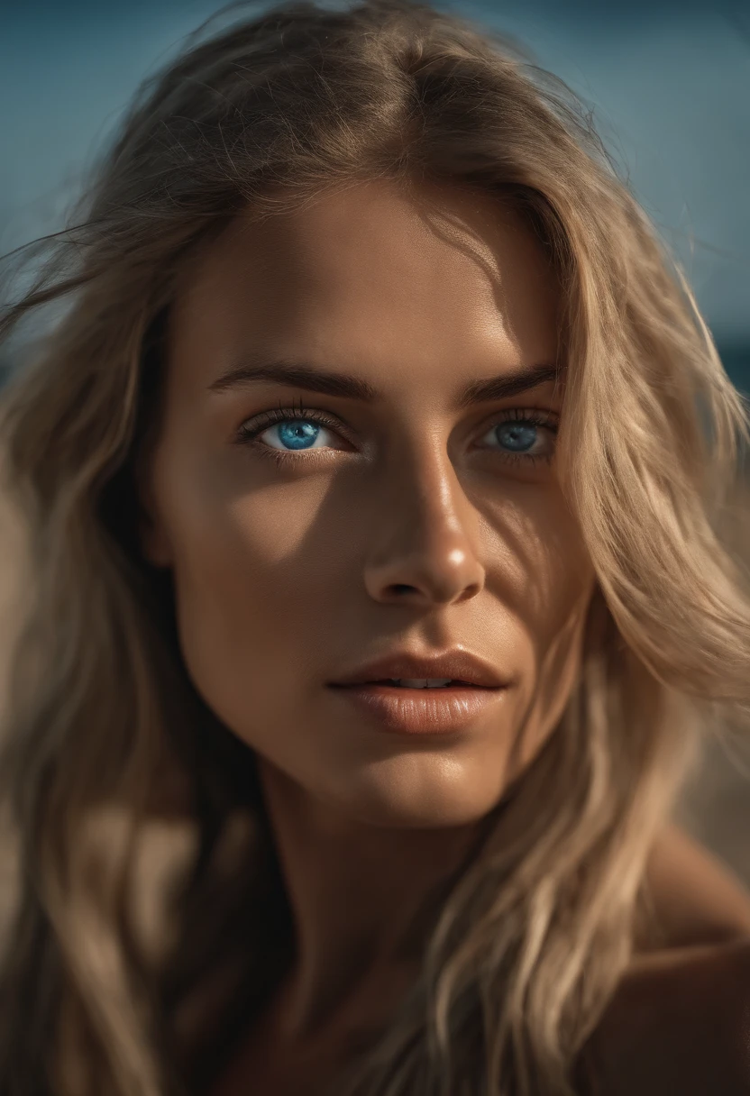 Masterpiece, absurdres,award winning photo, extremely detailed, amazing, fine detail, extremely detailed eyes and face, by lee jeffries nikon d850 film stock photograph 4 kodak portra 400 camera f1.6 lens rich colors hyper realistic lifelike texture dramatic lighting unrealengine trending on artstation cinestill 800 tungsten, beautiful rud_woman, a woman with long blond hair and blue eyes ,perfect body, in black bikini outfit in the beach