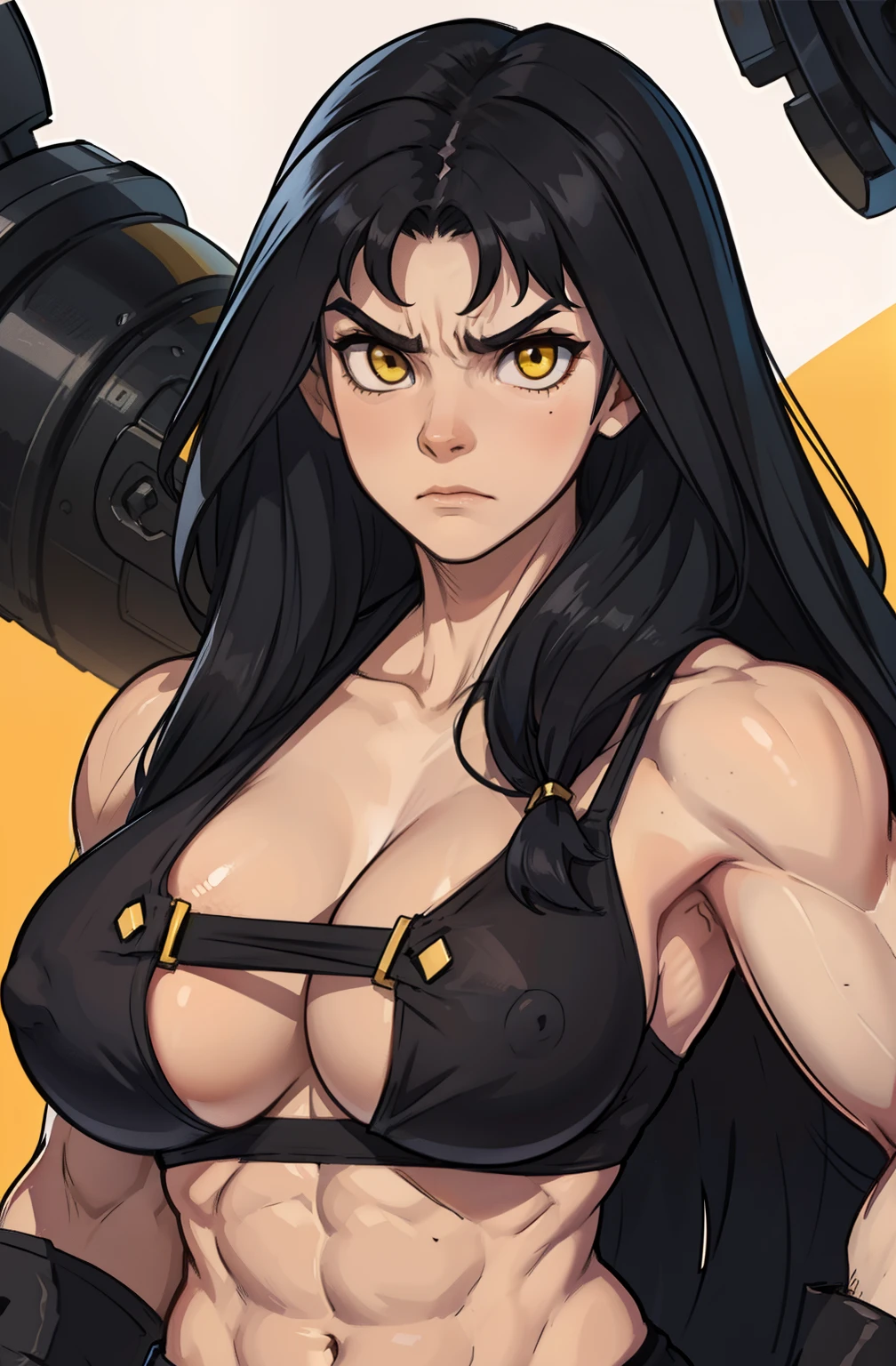 ((1 girl)), extremely long hair, solo, ((muscular)), veins, black hair, yellow eyes, pale skin, strong, veins, abs, (huge breasts), frowning, close up