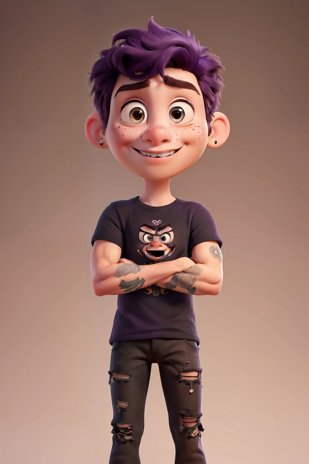 masterpiece, best quality, Disney Pixar character with shoulder length dark purple hair, hazel eyes, pale Caucasian skin, rosey cheeks, light freckles on cheeks, light brown eyebrows, round face, straight teeth, full lips, small nose, nostril piercings on either side of nostril, septum piercing, vertical labret piercing on bottom lip, tattoos on arms, 245lbs, 5’7 tall, wearing black ripped jeans and a black tshirt with black combat boots.