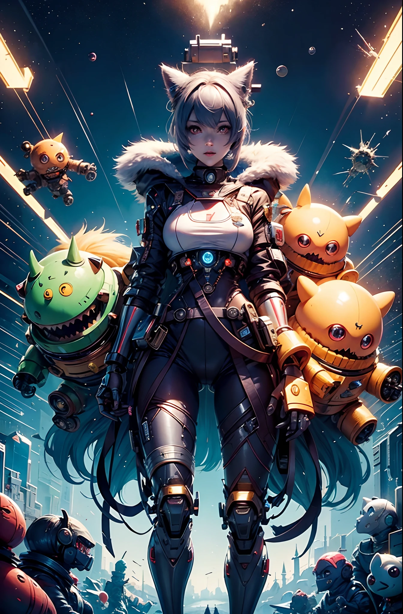 A fantz monster design, Cute robots in space [style-rustmagic]，female robot，Half-human, Cyborgs，Work on the space station，