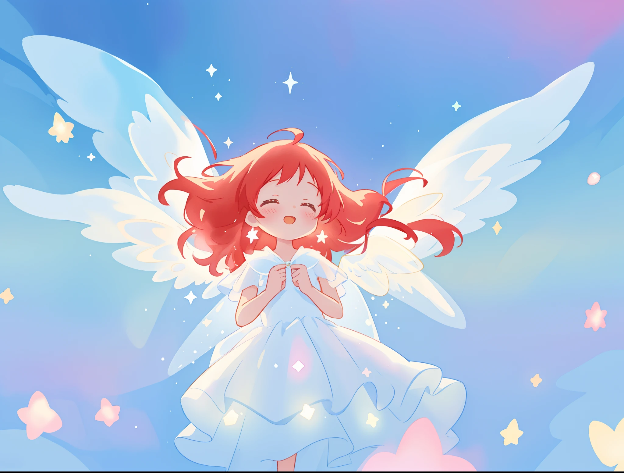 beautiful angel girl in sparkling white dress, layered sheer sparkling dress, (huge sparkling angel wings), glowing layered white ballgown, long red hair, watercolor illustration, disney art style, glowing aura around her, glowing lights, beautiful digital illustration, fantasia colorful background, beautiful, masterpiece, best quality, anime disney style, whimsical, magical, ethereal, angelic, cinematic lighting