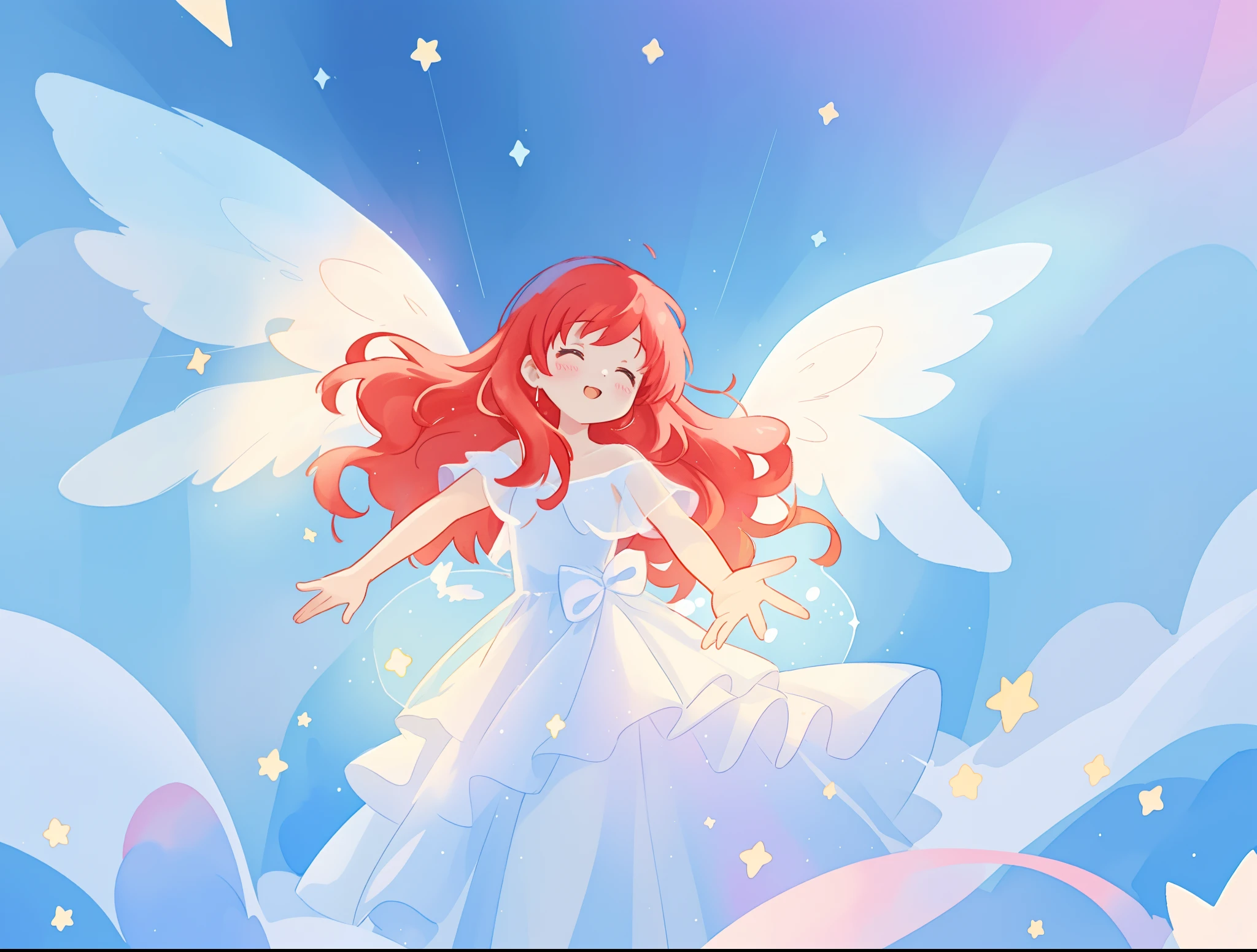 beautiful angel girl in sparkling white dress, layered sheer sparkling dress, (huge sparkling angel wings), glowing layered white ballgown, long red hair, watercolor illustration, disney art style, glowing aura around her, glowing lights, beautiful digital illustration, fantasia colorful background, beautiful, masterpiece, best quality, anime disney style, whimsical, magical, ethereal, angelic, cinematic lighting