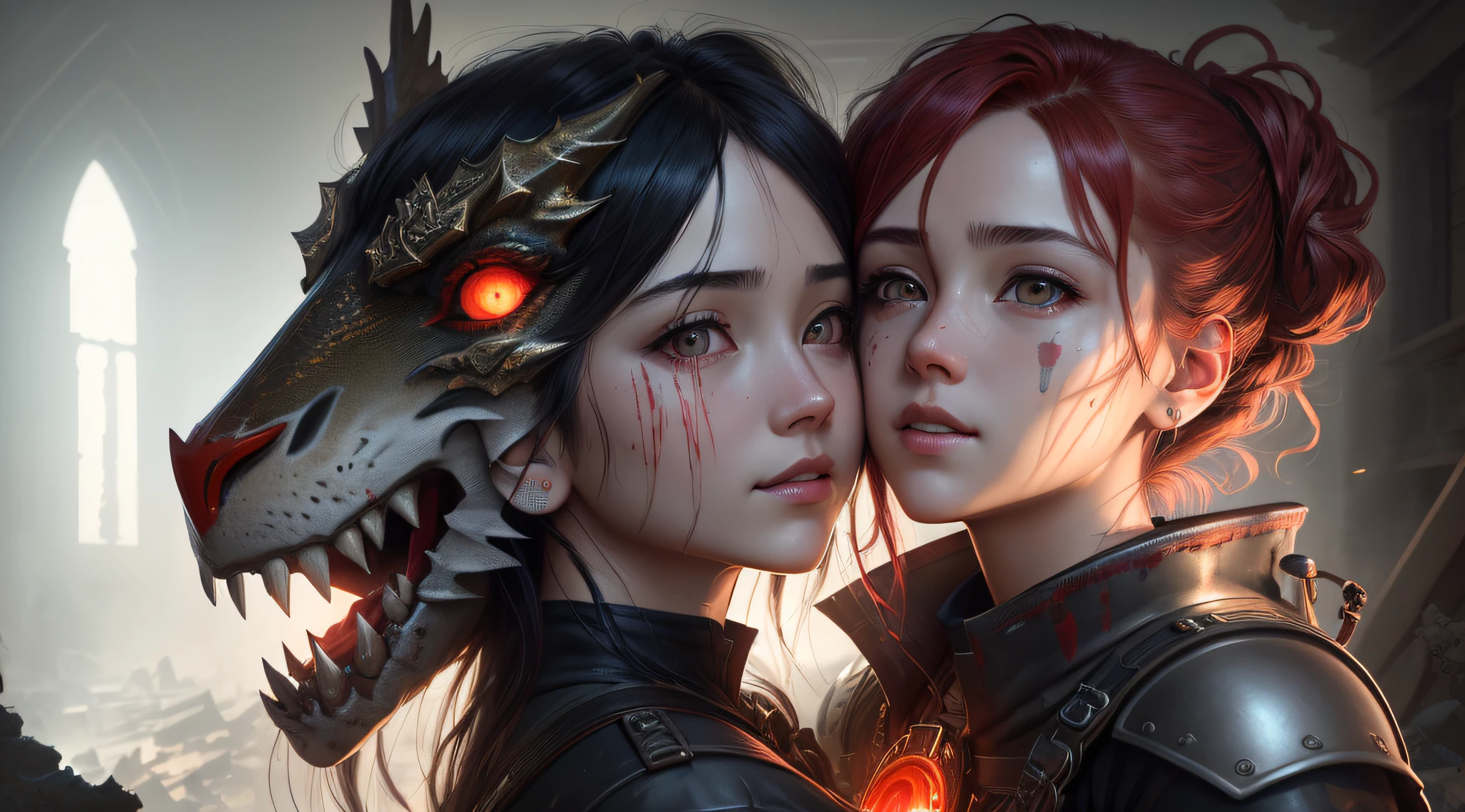 (extremely detailed CG unity 8k wallpaper), (masterpiece), (best quality:1.2), (highres), (illustration:1.1), (cinematic light:1.1), finely detailed, intricate details, (best illustration), 8k resolution, intricate details, best quality, realistic, ultra-detailed, best illumination, best shadow, ultra-HD, cryengine, ultra hd, (detailed reflection), detailed shadows, (((intricate details))), smooth, ((perfect shading)), high quality metal texture, metallic luster, highly detailed illustration, (semi realistic:1.6), (wide_shot:1.2), (from below, dutch_angle), dutch angle, ((cowboy shot)), (beautiful detailed eyes:1.1), beautiful detailed face:1.1, (realistic body:1.2), girl with red hair, Yuri/lesbians kissing, lesbians looking at viewer, (One girl hugging a Red Giant Dragon), (Heavily disheveled hair), (light skin\]), (blood dripping full body:1.1), paintbrush, (glowing eyes\[magic square in eyes[ colored red \]), Black long hair, hair between eyes, sigma 135mm lens, amaryllis around, (((face to face:1.6))), complicated background, dynamic camera angle, blood rain behind, (Castle Bedroom), (((high quality detailed ruins))), (depth of field), ((cinematic lighting)), ((horror)), ((dark fantasy)), lovecraftian, spot color, monotone, red banners, splashing blood, (best illumination), (hyper intricate details), ((ultra-detailed)), 4k unity, (extremely detailed CG:1.2), (8k:1.1), ((landscape view)), Artstation, ((by sui ishida, by Wenjun Lin, by stefan morrell)), dystopian art, apocalypse art, ((semi-realistic)), (realism), (dynamic), (nixeu_basic2:0.5)