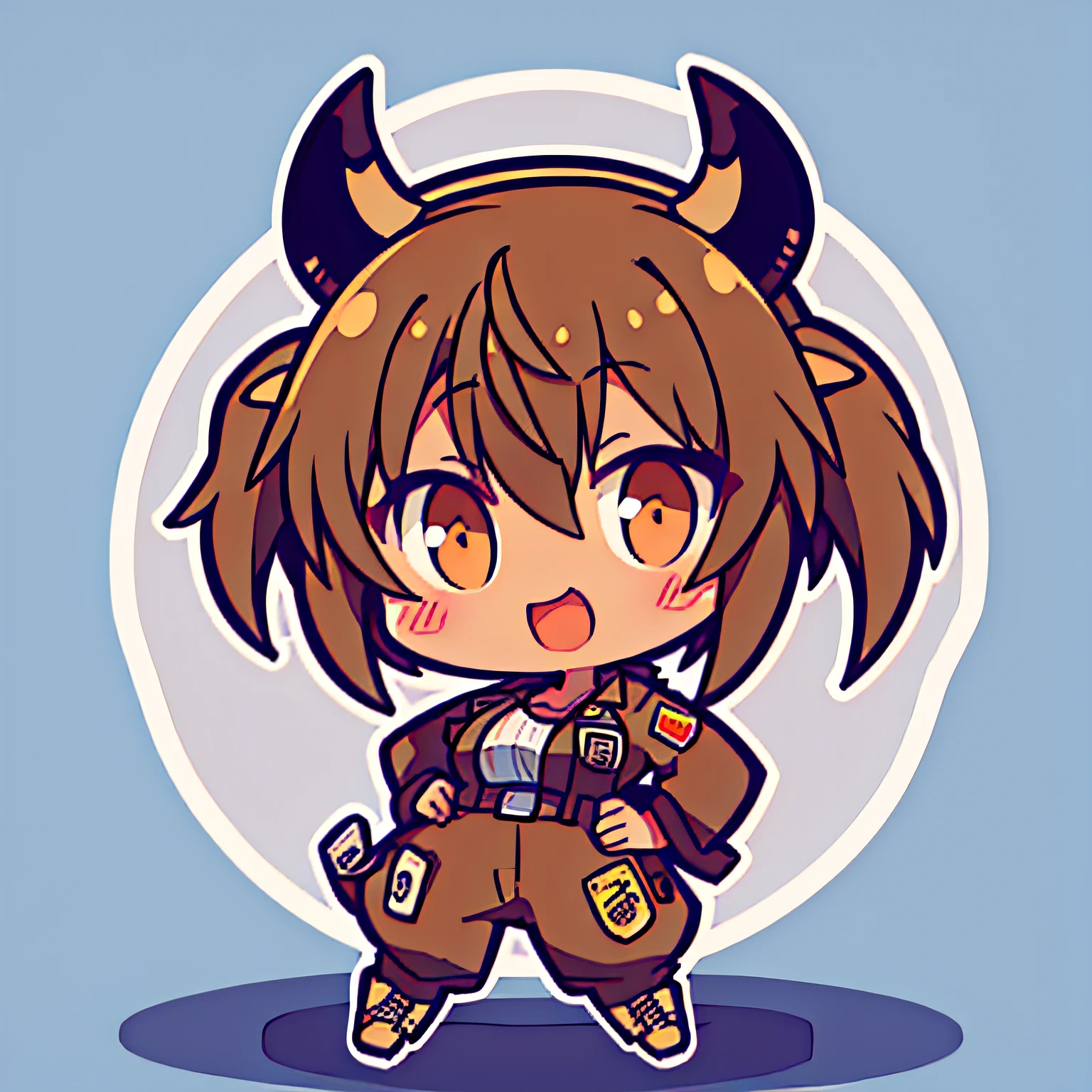 cute brown skinned short stack horned cow girl in a fallout jumpsuit logo