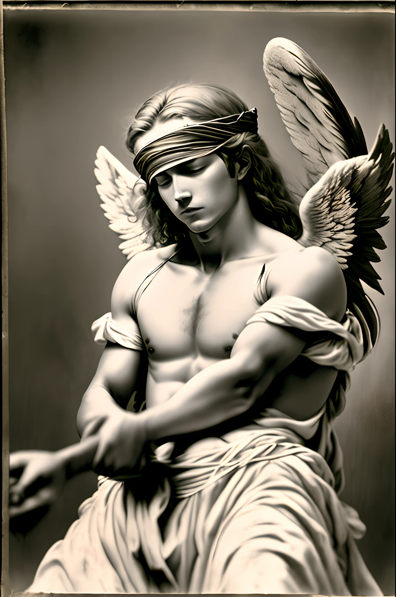 Photograph of a blindfolded male angel