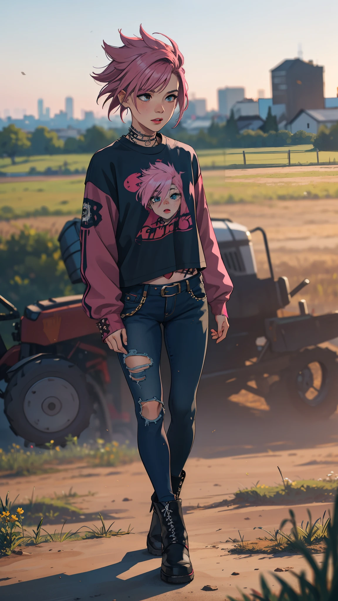 solo ,masterpiece, best quality,  full body portrait, countryside, city girl, pink hair, mohawk haircut, double exposure, farm ,  dust and scratches, (punk clothes:1.2), (blurry background:1.4)