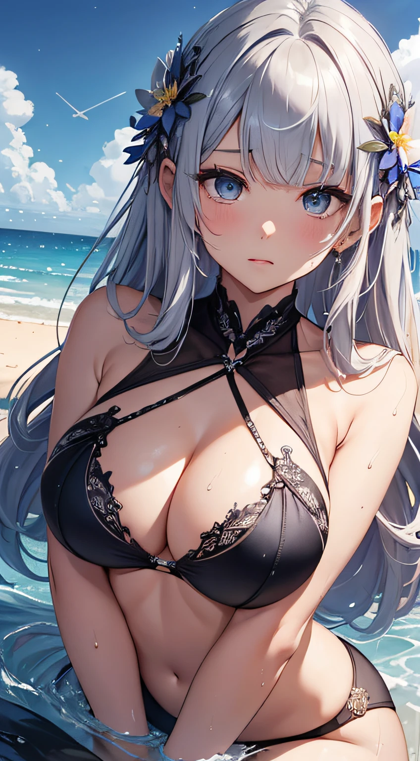 masterpiece、Massive landscape((Fantastic starry sky、mid air、meteors、black hole、beach))、Silvery hair、short-cut、a beauty girl、huge tit、Delicate embroidery on a bikini in a transparent color、Farbe々Pose、Wet hair、Body is wet、perspiring、lying back、Looking up、Floral hair ornament
