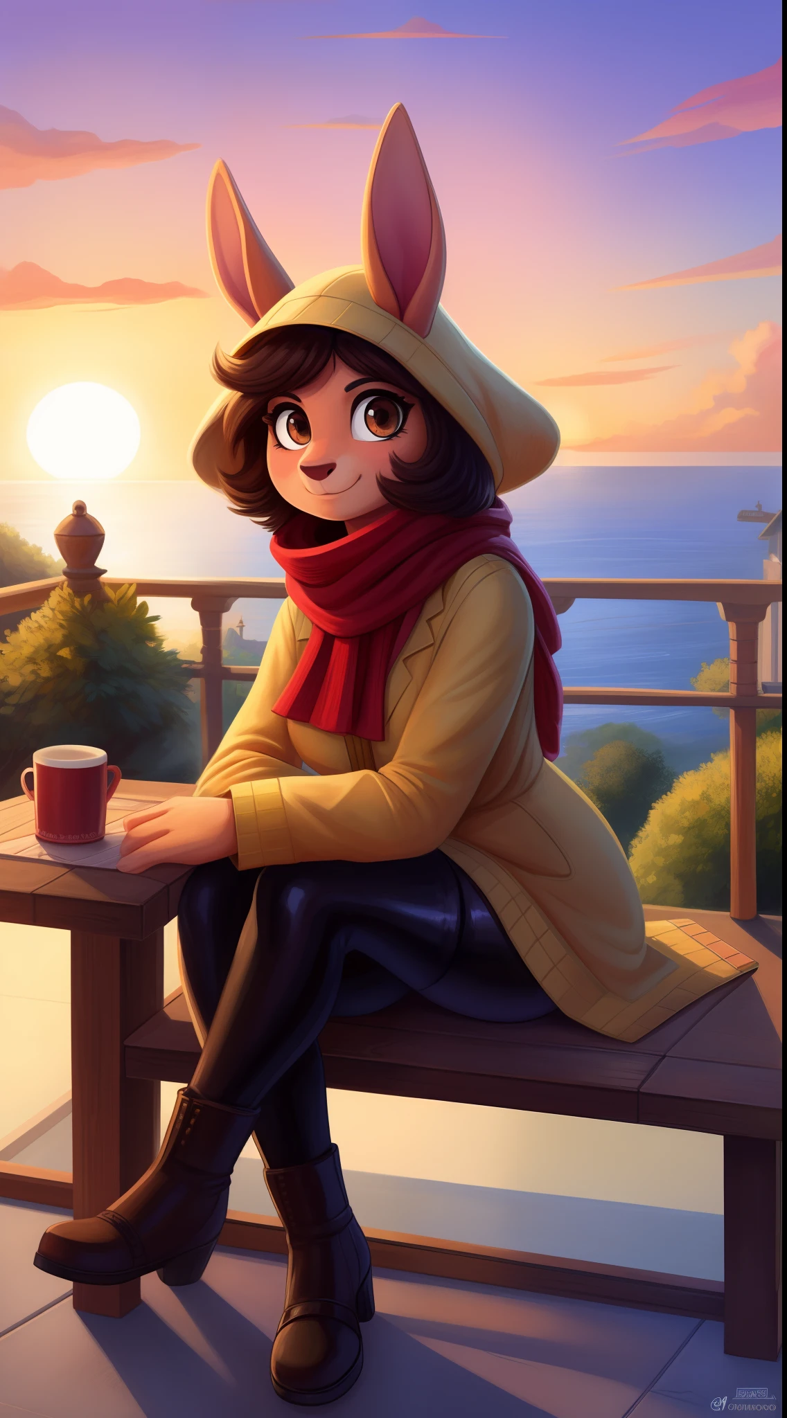 1cabra,femenina,mujer,joven,obra maestra,mejor calidad,detalles hermosos,Balcony of a terrace, amanecer, sode,beautiful lighting,estilo de arte de the minuscule task, ropa de mosquetero,botas cafe claro,leggings rosados, chaqueta de color dorado con hombreras moradas,red scarf around the neck, gorro de mosquetero con pluma, arete en la oreja, Light brown eyes,Light brown skin