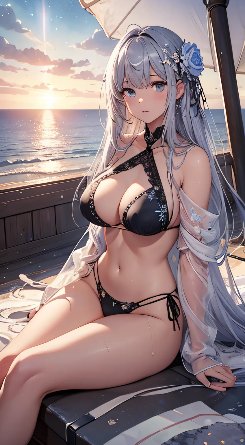 ​masterpiece、Massive landscape（（Fantastic starry sky、mid air、meteors、black hole、beach））、Silvery hair、short-cut、a beauty girl、huge tit、Delicate embroidery on a bikini in a transparent color、Farbe々Pose、Wet hair、Body is wet、perspiring、lying back、Looking up、Floral hair ornament