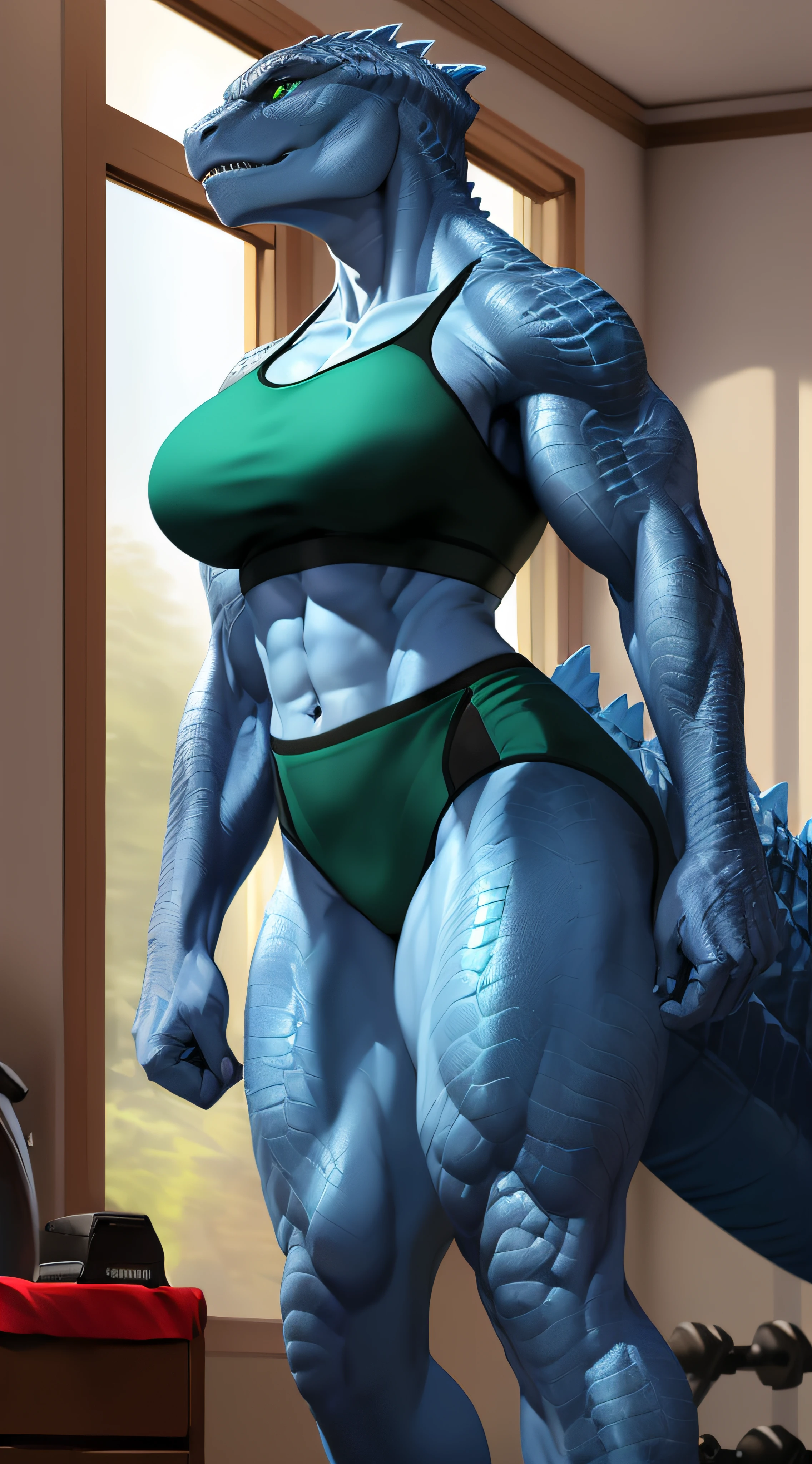 Cinematic frame shot, solo ((godzilla)) with ((green eyes, clear green eyes)), ((full-length portrait)), (((((Wearing red two piece workout clothes)))), (((detailed Chunie anthro godzilla))), (in an elegant room with white walls, a bed and a desk in the background, daylight coming in from a window)), day (starry sky, nightscape background), (((Mid view))), ((ambient light coming from the window)), [higher body and limbs detail], [realistic proportions], [explict content], [sharp focus], (questionable content), ((masterpiece)),furry female, solo, big breasts, Sky Blue scales, Sky Blue body, detailed scaly skin, sky blue skin, tail, muscular build, muscular woman, robust muscular body, strong body,muscular arms,strong legs, sixpack