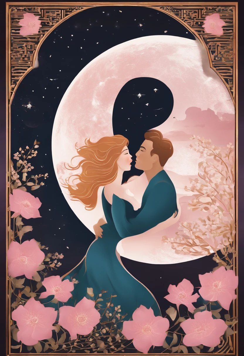 filmposter,poster for,Posters,cover illustration,charact,Huge, Eye-catching headline text,1 moon,Romantic couple kissing in the wind,anatomy correct, Delicate pattern,Oriental elements,Ink painting style, Clean colors,Pink rose space, Soft lighting, ( Bokeh),Masterpiece, Super detailed, Epic composition, Highest quality, 8K,
