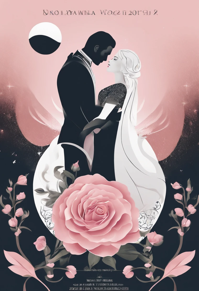 filmposter,poster for,Posters,cover illustration,charact,Huge, Eye-catching headline text,1 moon,Romantic couple kissing in the wind,anatomy correct, Delicate pattern,Oriental elements,Ink painting style, Clean colors,Pink rose space, Soft lighting, ( Bokeh),Masterpiece, Super detailed, Epic composition, Highest quality, 8K,