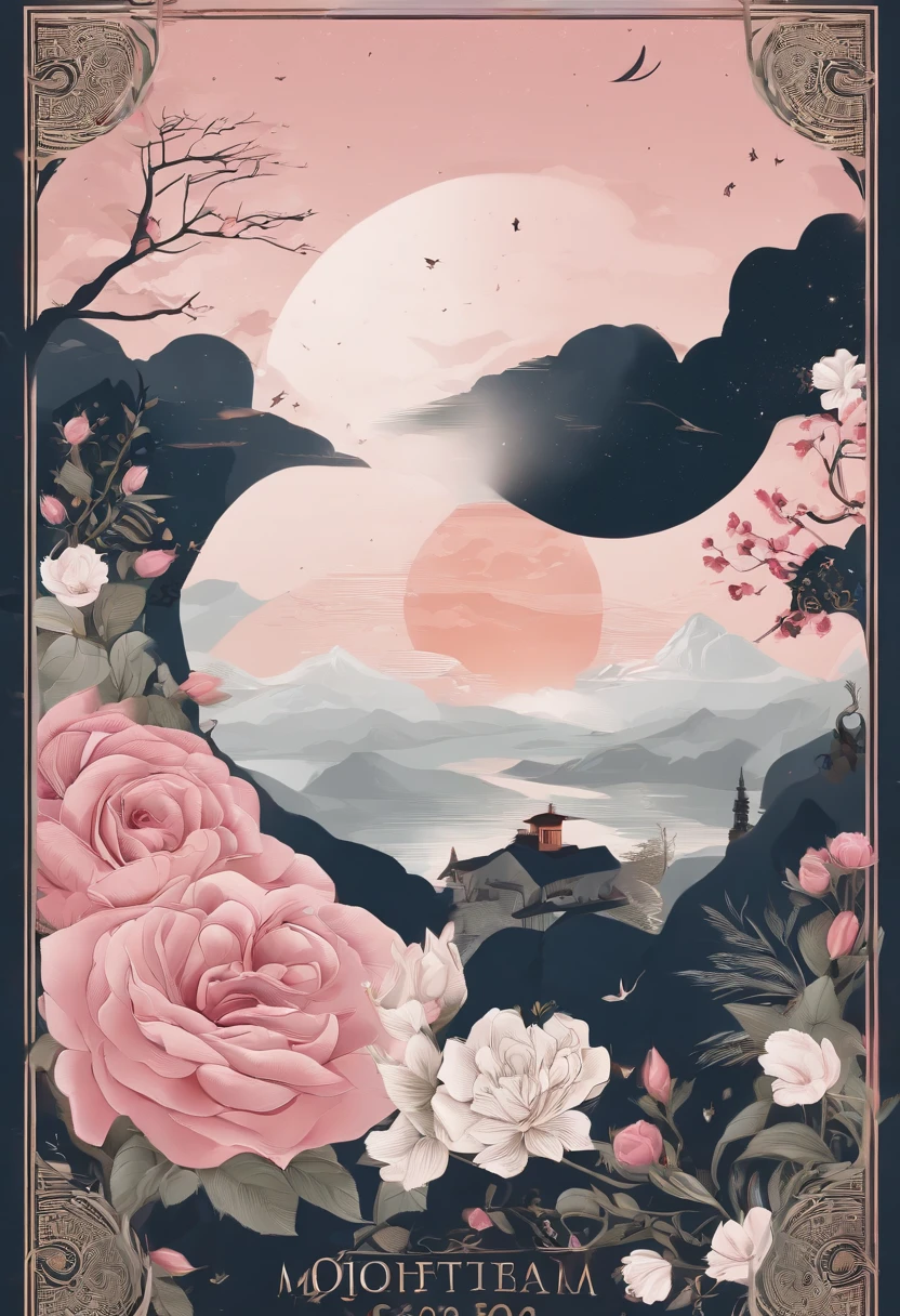 filmposter,poster for,Posters,cover illustration,charact,Huge, Eye-catching headline text,1 moon,Romantic couple kissing in the wind,anatomy correct, Delicate pattern,Oriental elements,Ink painting style, Clean colors,Pink rose space, Soft lighting, ( Bokeh),Masterpiece, Super detailed, Epic composition, Highest quality, 8K,