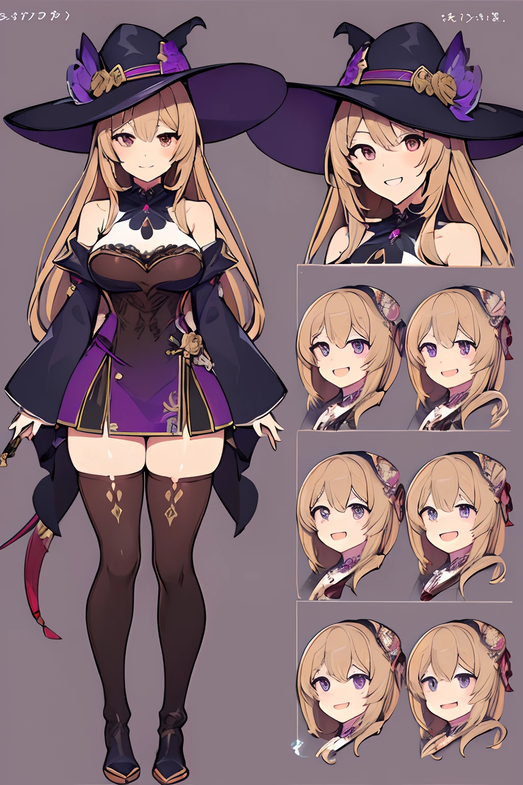 ((masterpiece)),(((best quality))),(((very detailed))), (Character design sheet, same character, same outfit, multiple views. 1 mature woman, genshin impact style, hair long brown eyes, brown, mischievous and happy smile showing her fangs and sharp teeth, fluffy purple witch clothes, long witch dress, long thigh-high stockings, boots, hat, medium breasts, thick thighs, standing, digital sheet background, information on a shore.