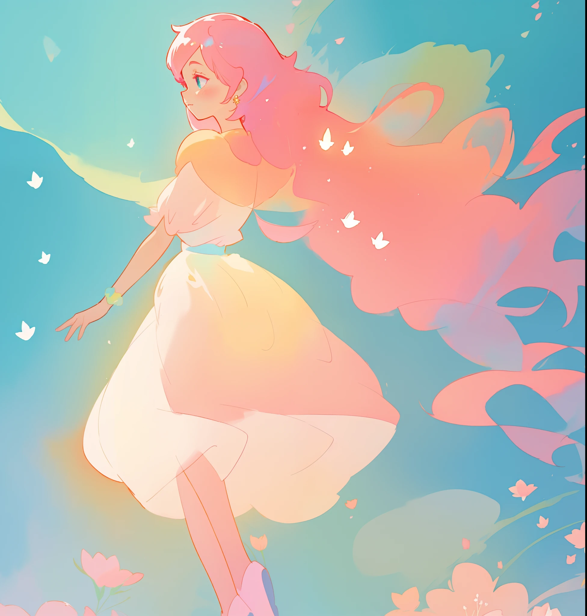 beautiful girl in white puffy tutu dress, long flowing pink peach hair, colorful fantasia background, watercolor illustration, disney art style, beautiful digital illustration, fantasia otherworldly landscape plants flowers, beautiful, masterpiece, best quality, anime disney style, beautiful face
