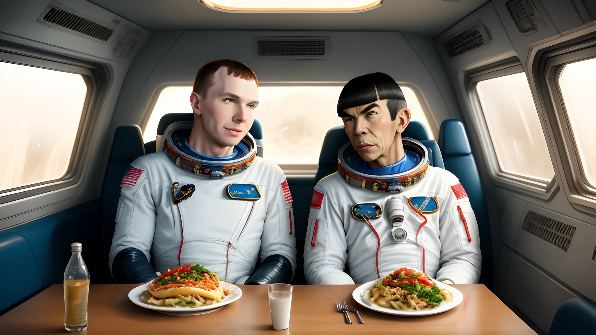 First cosmonaut Yuri Gagarin and Spock from Star Trek have lunch in the dining room on a spaceship
