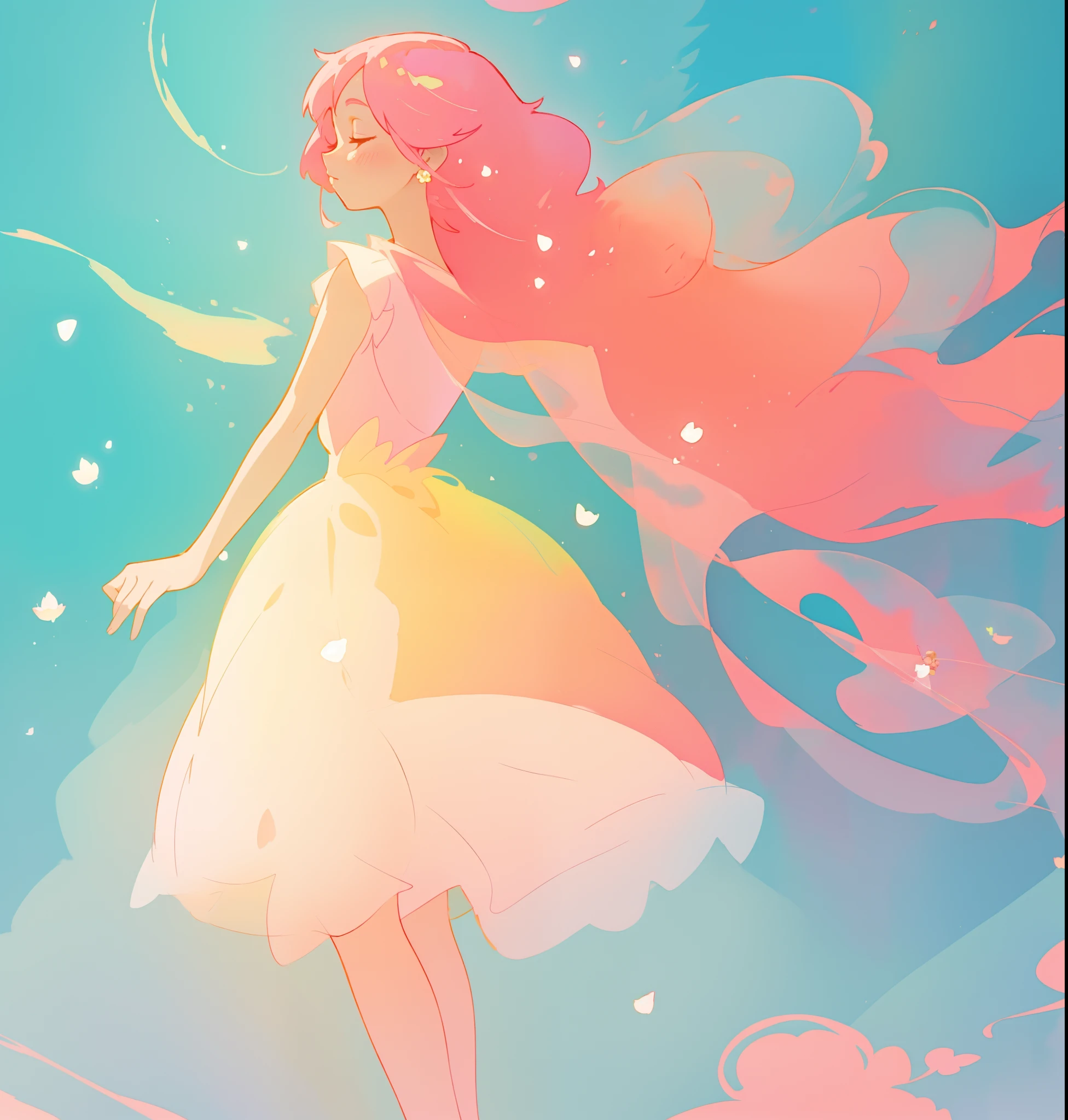 beautiful girl in white puffy tutu dress, long flowing pink peach hair, colorful fantasia background, watercolor illustration, disney art style, beautiful digital illustration, fantasia otherworldly landscape plants flowers, beautiful, masterpiece, best quality, anime disney style, beautiful face