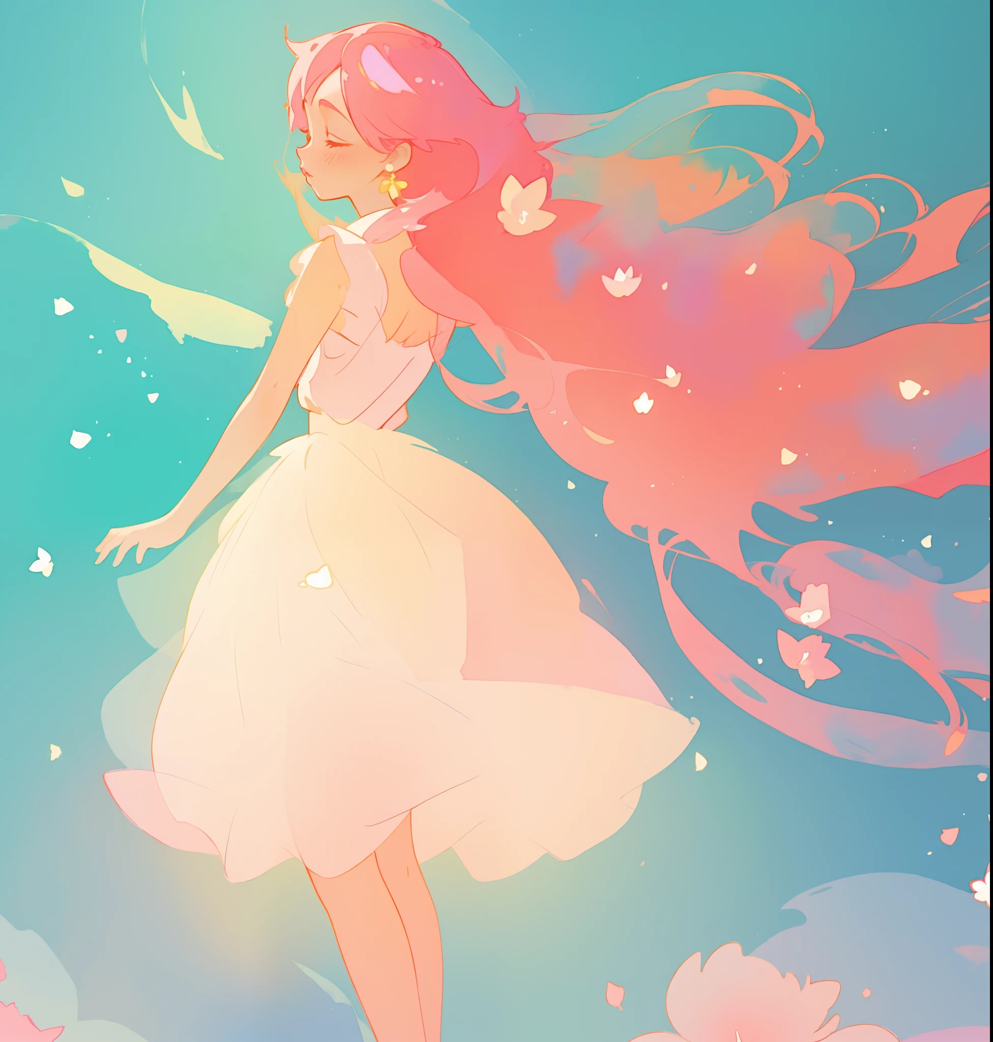 beautiful girl in white puffy tutu dress, long flowing pink peach hair, colorful fantasia background, watercolor illustration, disney art style, beautiful digital illustration, fantasia otherworldly landscape plants flowers, beautiful, masterpiece, best quality, anime disney style, beautiful face