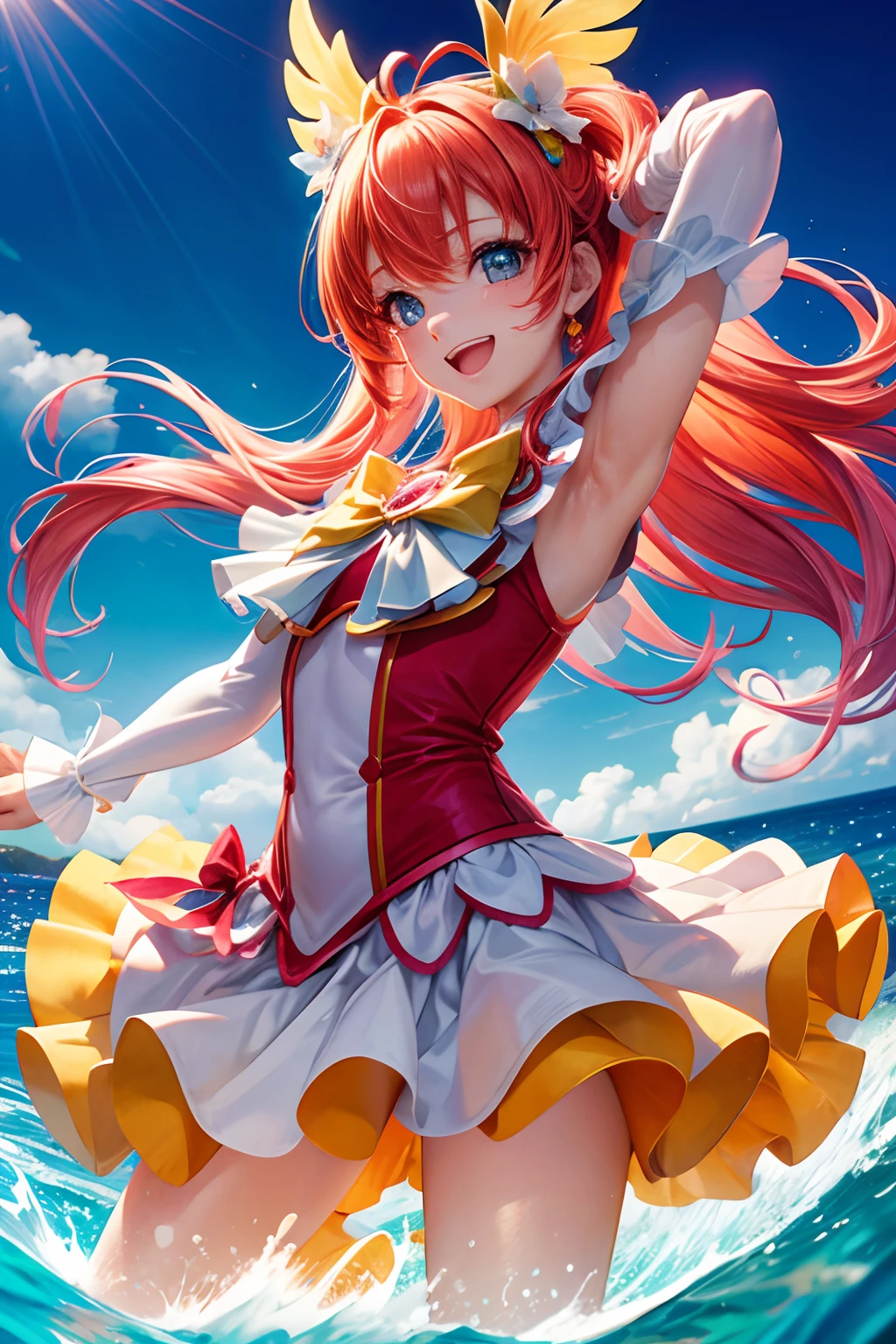 Top quality, high resolution, perfect human structure, background focus, front view, seven-color hair, glowing hair, precure cosplay, happy laugh, ocean,