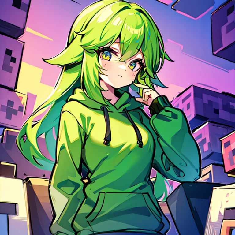 Girl in green minecraft creeper hoodie.