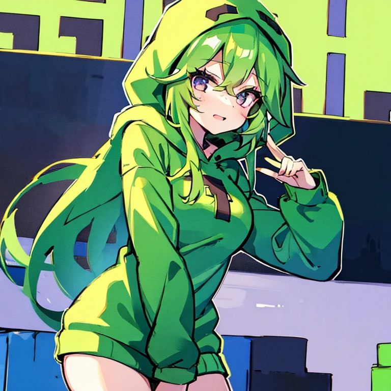 Girl in green minecraft creeper hoodie.