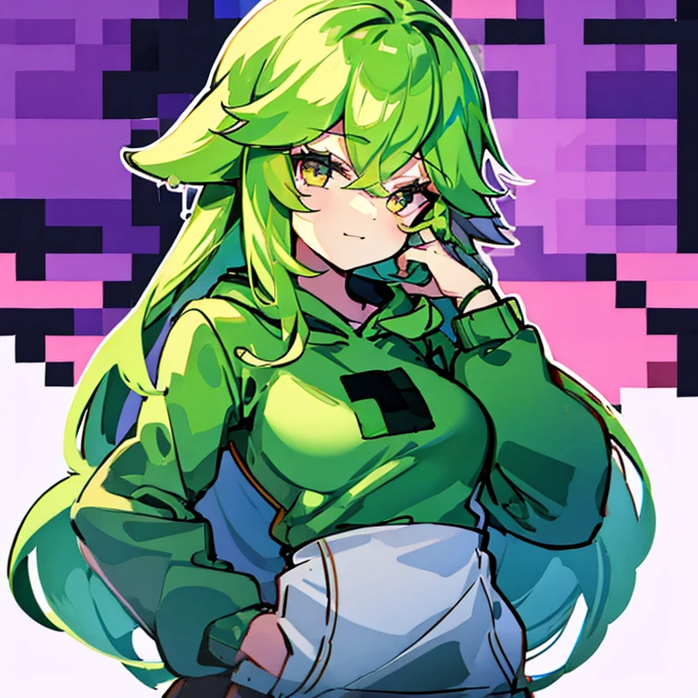 1girl, solo, short girl, dark green hair, messy hair, long hair, buns, light green eyes, beautiful eyes, crop top hoodie, cropped hoodie, unitard below clothes, tech fashion, smile, grin, closed mouth, office, indoors, walking, upper body (hands behind back), looking away, simple, vector, sketch,