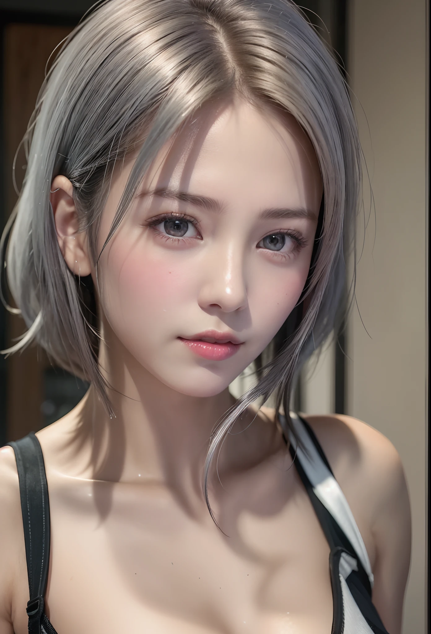 (8K, Photorealistic, Raw photo, of the highest quality: 1.3), (1girl in), Super beautiful, (Realistic face), (boyish, Silver Color Berry Shorthair), Beautiful , Glare that captivates the viewer, Beautiful expression, Beautiful breasts, (Realistic skin), Beautiful...